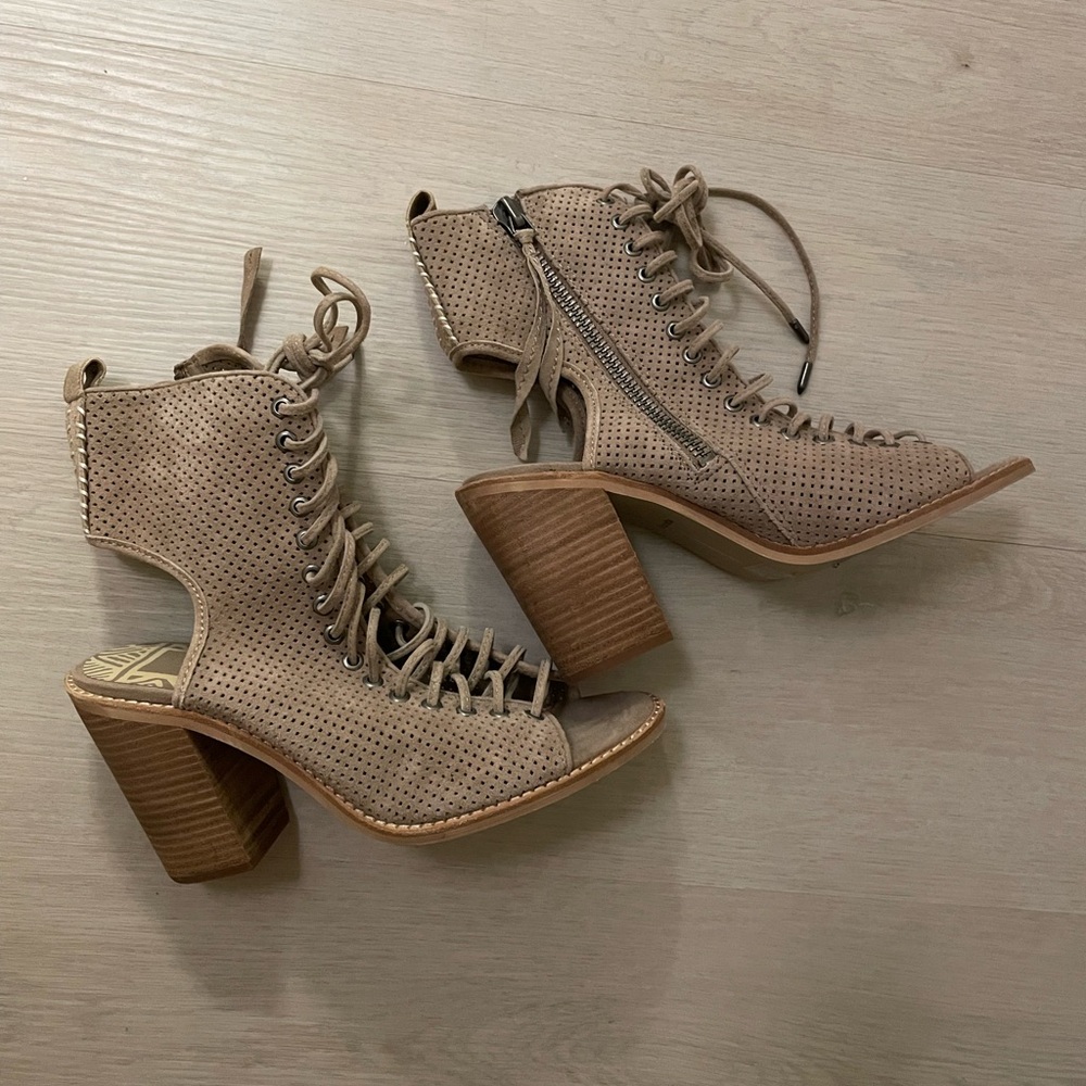 Open toe lace up with block heel and side zip